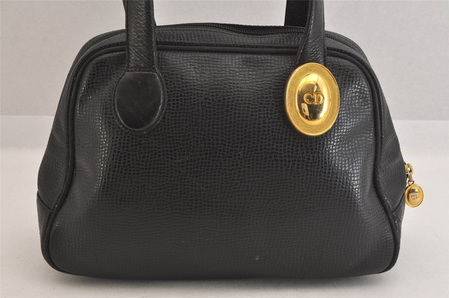 Christian Dior Hand Bag Tote Purse Boston Bag CD Leather Black Authentic