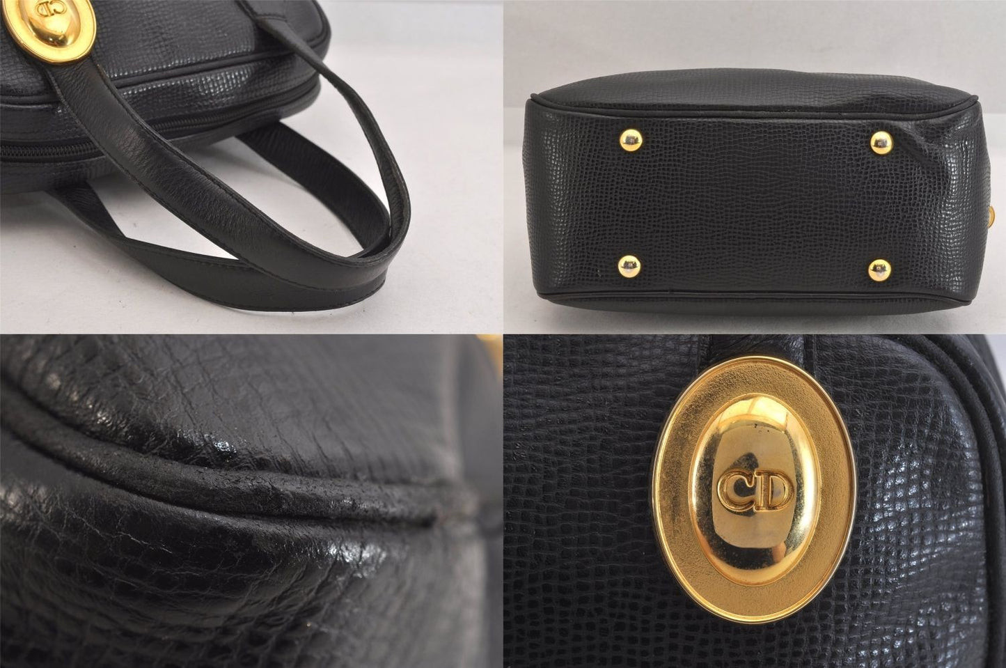 Christian Dior Hand Bag Tote Purse Boston Bag CD Leather Black Authentic