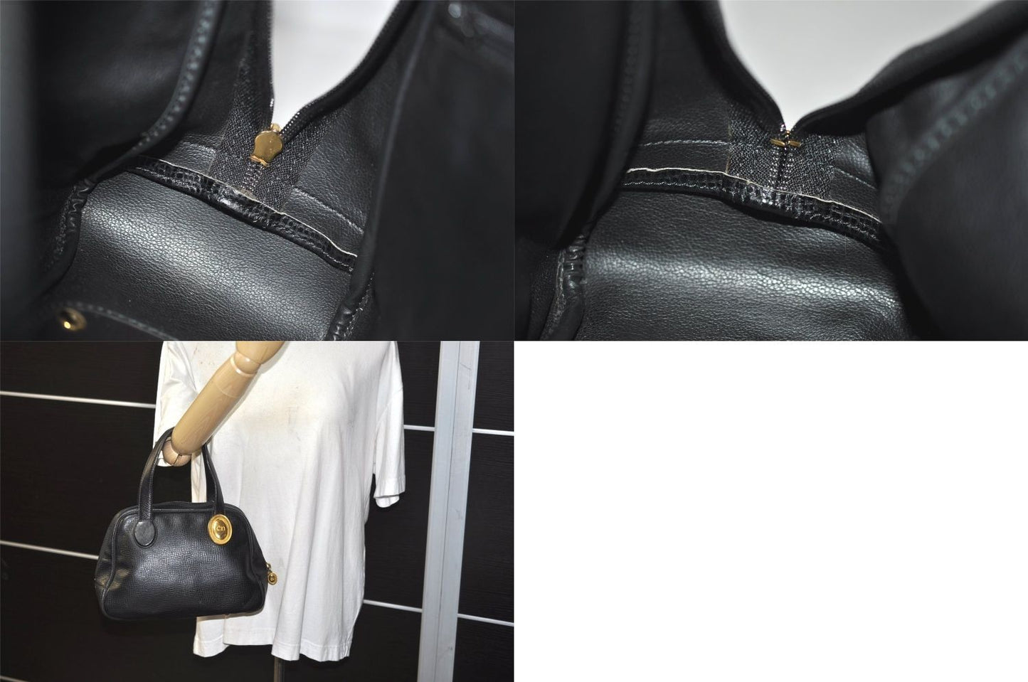 Christian Dior Hand Bag Tote Purse Boston Bag CD Leather Black Authentic