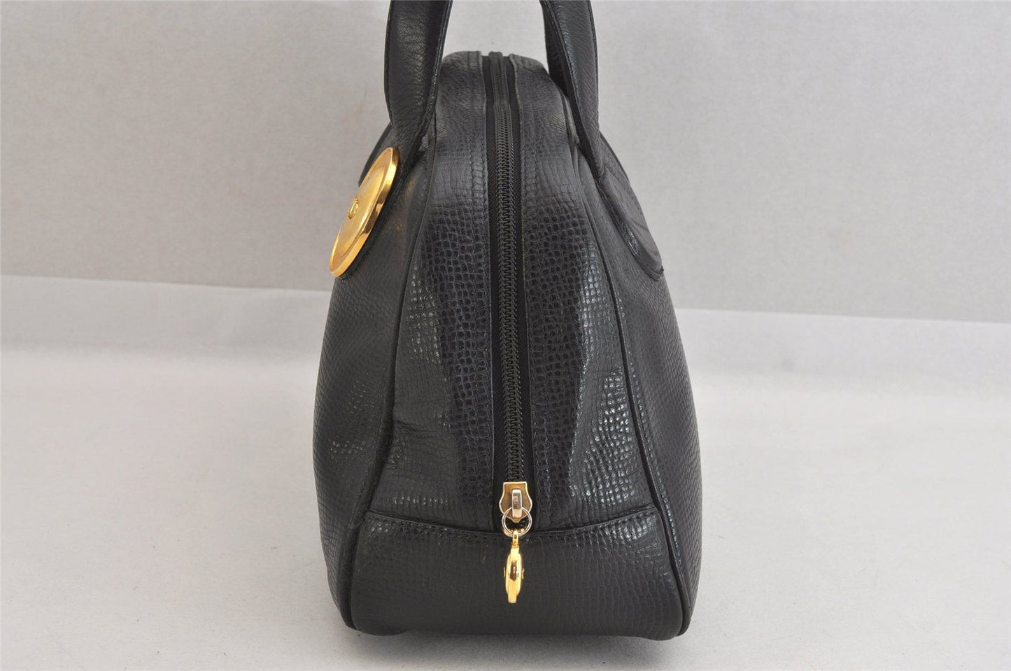 Christian Dior Hand Bag Tote Purse Boston Bag CD Leather Black Authentic