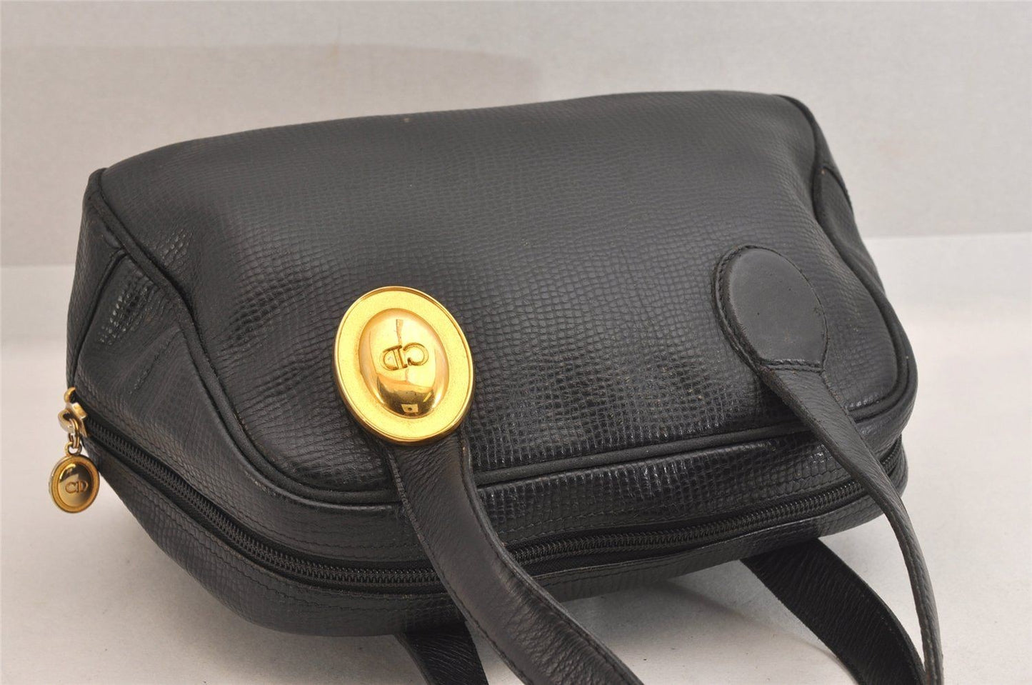 Christian Dior Hand Bag Tote Purse Boston Bag CD Leather Black Authentic