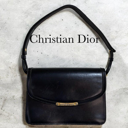 Christian Dior Shoulder Bag Purse CD Leather Black Authentic