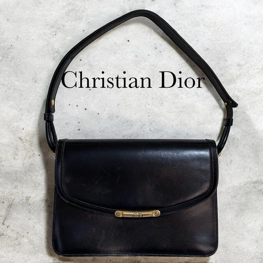 Christian Dior Shoulder Bag Purse CD Leather Black Authentic