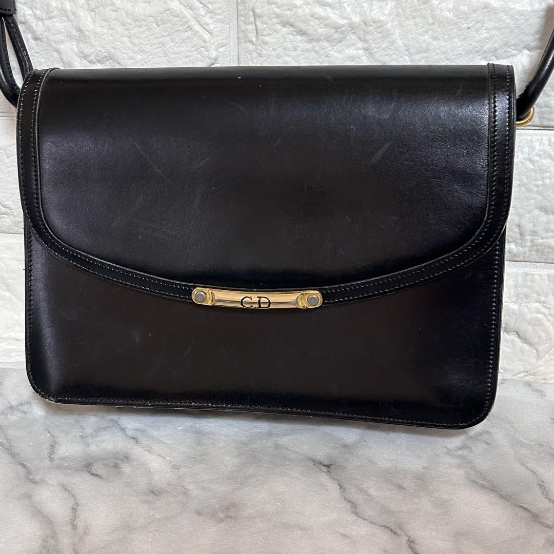 Christian Dior Shoulder Bag Purse CD Leather Black Authentic