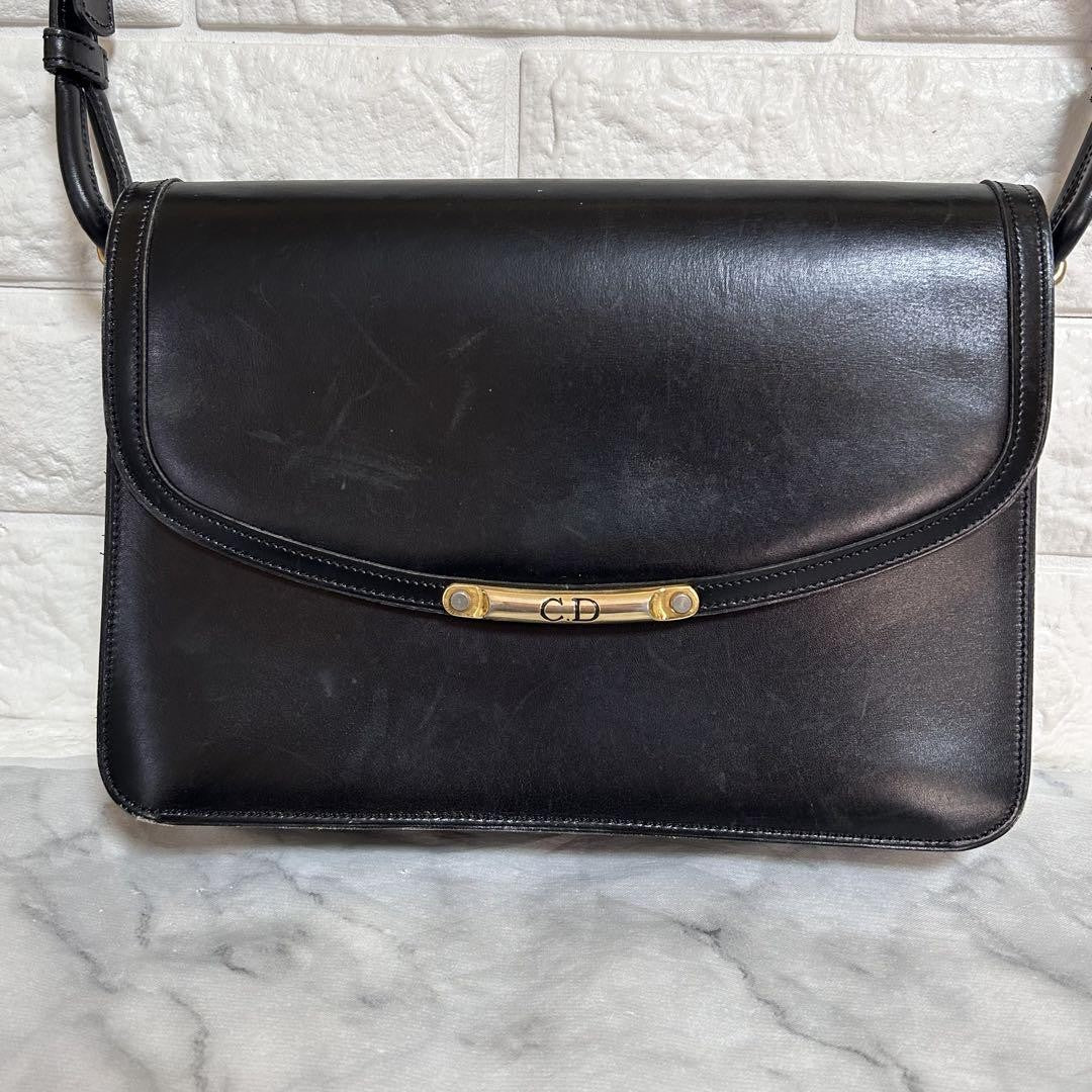 Christian Dior Shoulder Bag Purse CD Leather Black Authentic