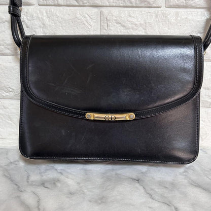 Christian Dior Shoulder Bag Purse CD Leather Black Authentic
