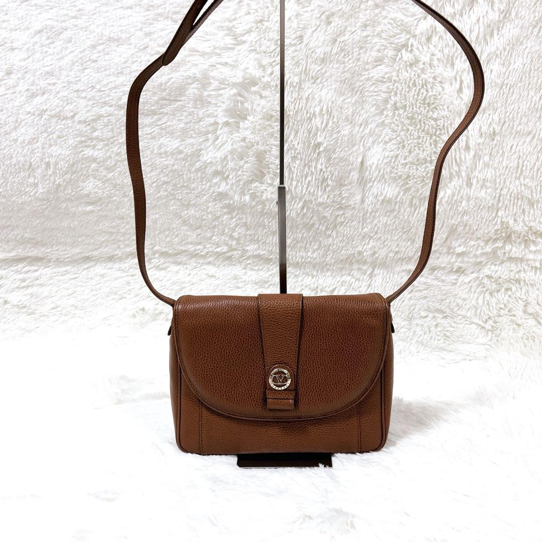 Valentino Garavani Shoulder Bag Purse Logo Leather Brown Authentic