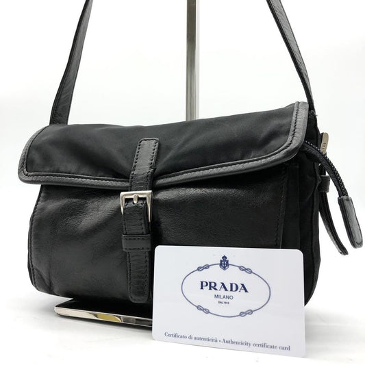 PRADA Shoulder Bag Purse Logo Nylon Leather Black Authentic