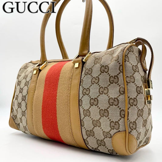 GUCCI Hand Bag Tote Purse Mini Boston Sherry Line GG Canvas Leather Beige Auth