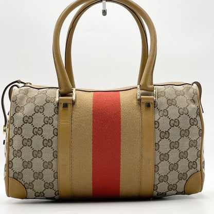 GUCCI Hand Bag Tote Purse Mini Boston Sherry Line GG Canvas Leather Beige Auth