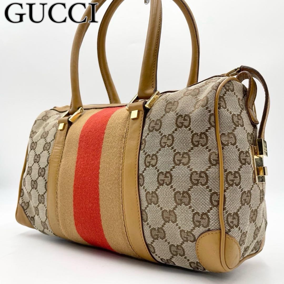GUCCI Hand Bag Tote Purse Mini Boston Sherry Line GG Canvas Leather Beige Auth