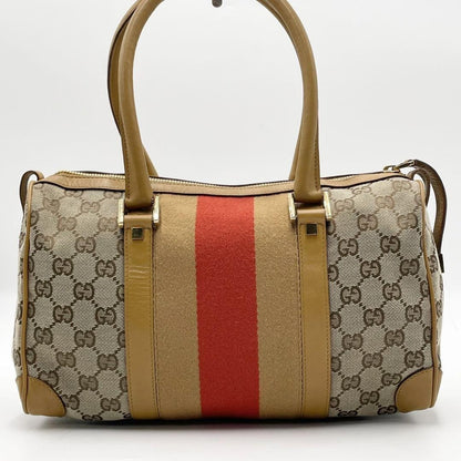 GUCCI Hand Bag Tote Purse Mini Boston Sherry Line GG Canvas Leather Beige Auth