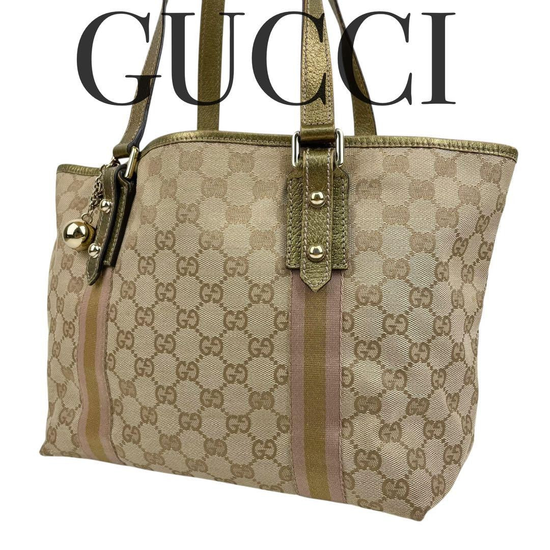 GUCCI Hand Bag Tote Purse Sherry Line GG Canvas Leather Authentic
