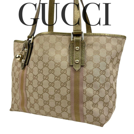 GUCCI Hand Bag Tote Purse Sherry Line GG Canvas Leather Authentic