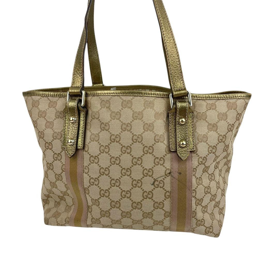 GUCCI Hand Bag Tote Purse Sherry Line GG Canvas Leather Authentic