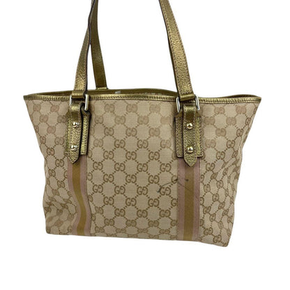 GUCCI Hand Bag Tote Purse Sherry Line GG Canvas Leather Authentic