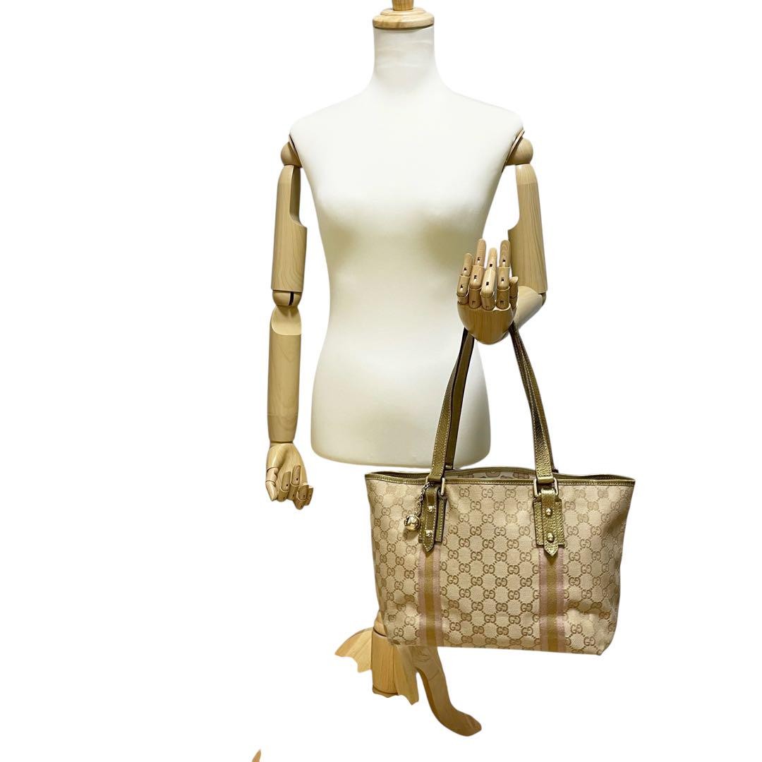 GUCCI Hand Bag Tote Purse Sherry Line GG Canvas Leather Authentic