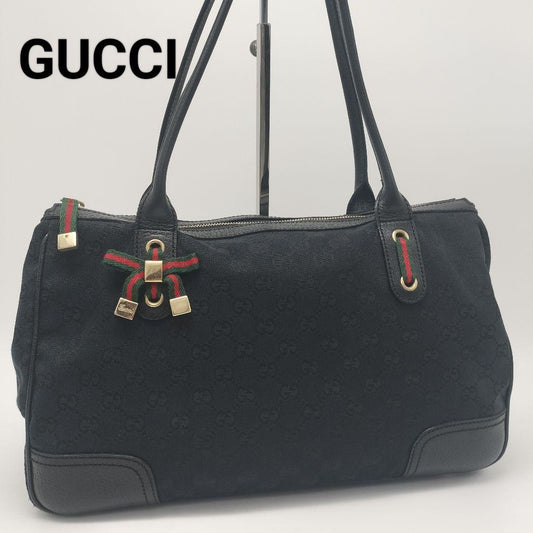 GUCCI Hand Bag Tote Purse GG Canvas Leather Black Authentic