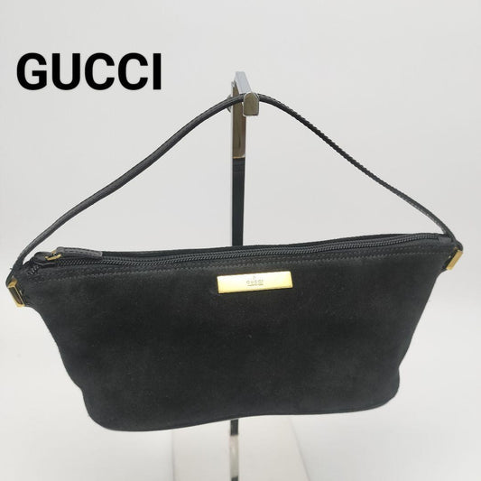 GUCCI Hand Bag Tote Purse Accessory Pouch Suede Leather Black Authentic