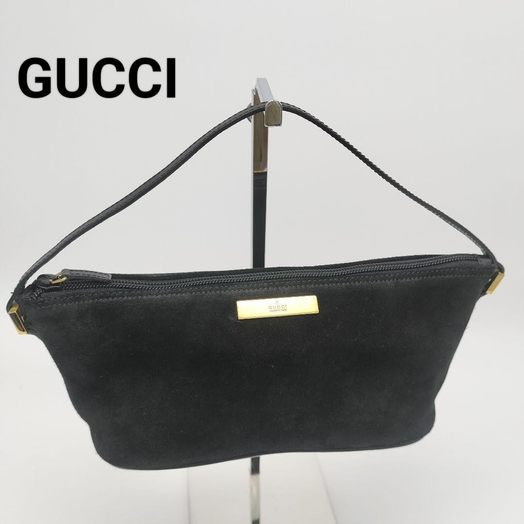 GUCCI Hand Bag Tote Purse Accessory Pouch Suede Leather Black Authentic