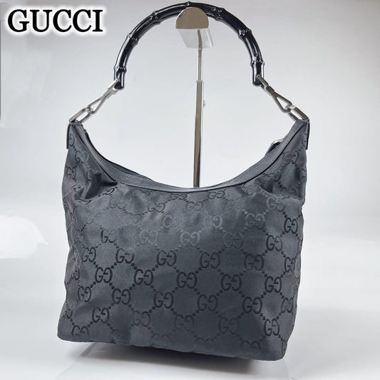 GUCCI Hand Shoulder Bag Tote Purse GG Bamboo Nylon Black Authentic