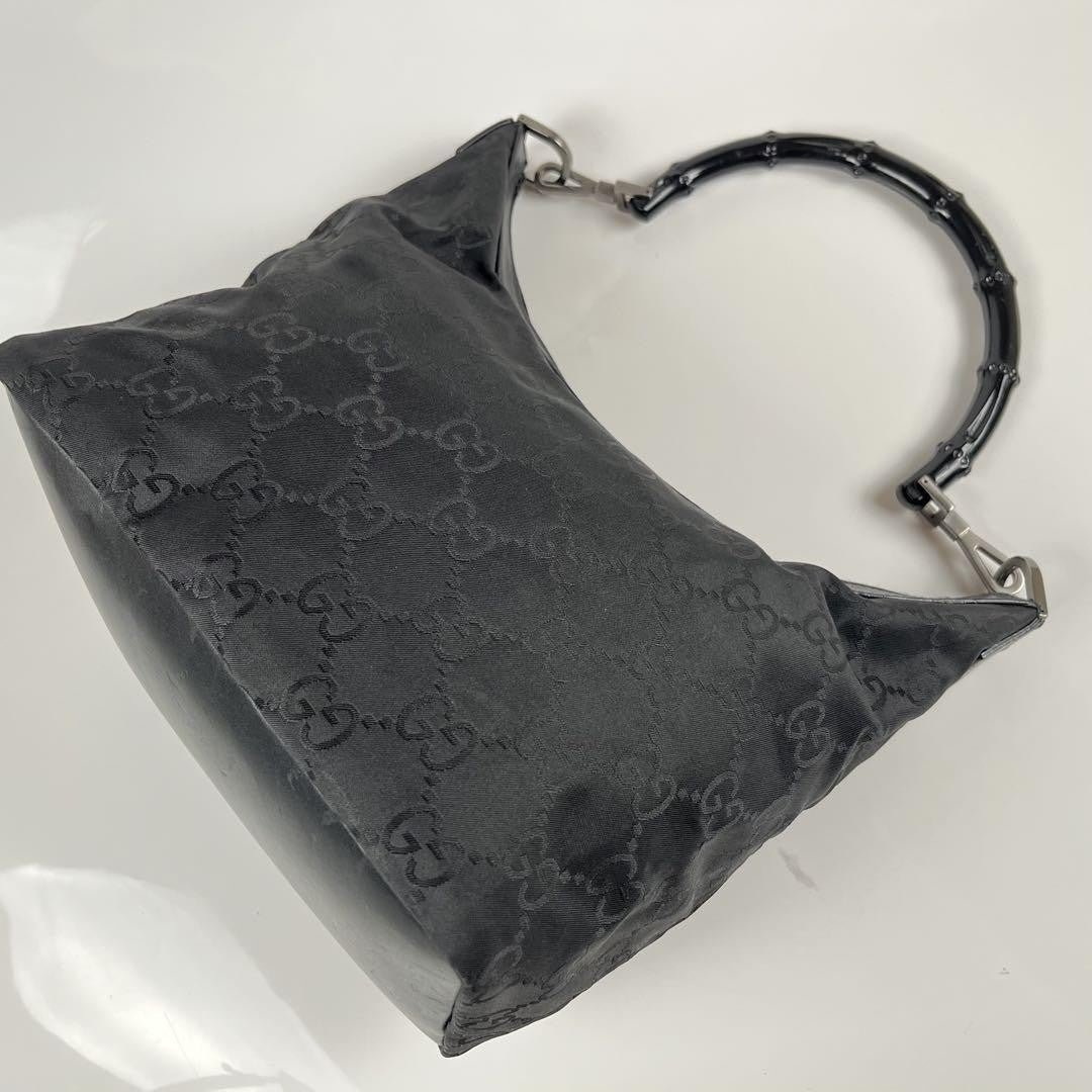 GUCCI Hand Shoulder Bag Tote Purse GG Bamboo Nylon Black Authentic