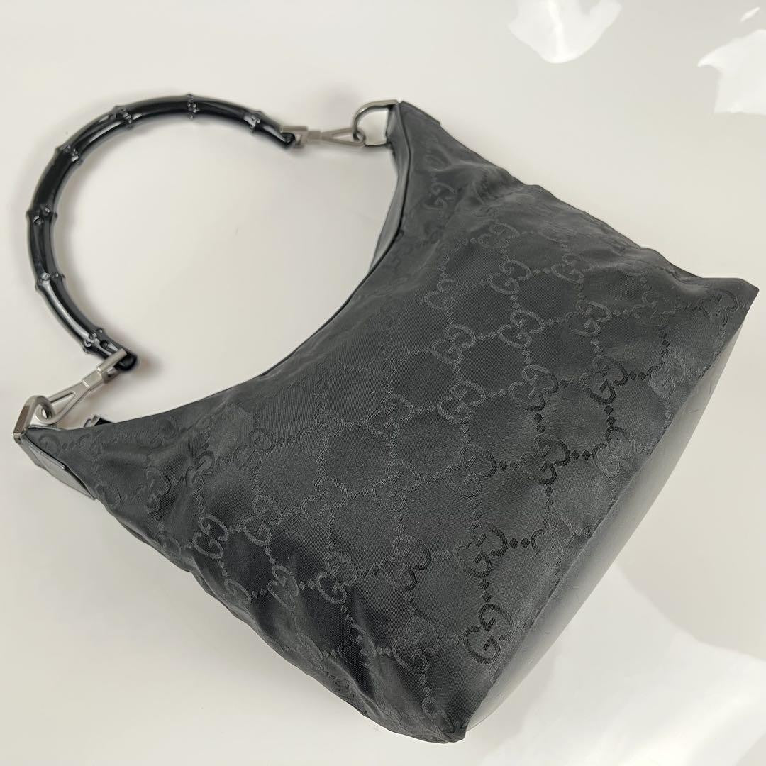 GUCCI Hand Shoulder Bag Tote Purse GG Bamboo Nylon Black Authentic
