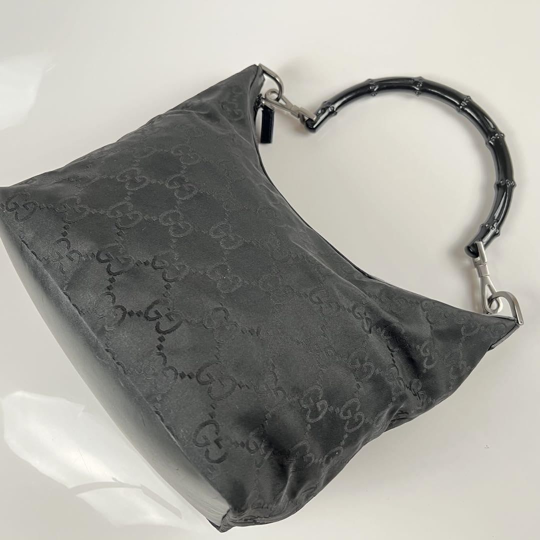 GUCCI Hand Shoulder Bag Tote Purse GG Bamboo Nylon Black Authentic