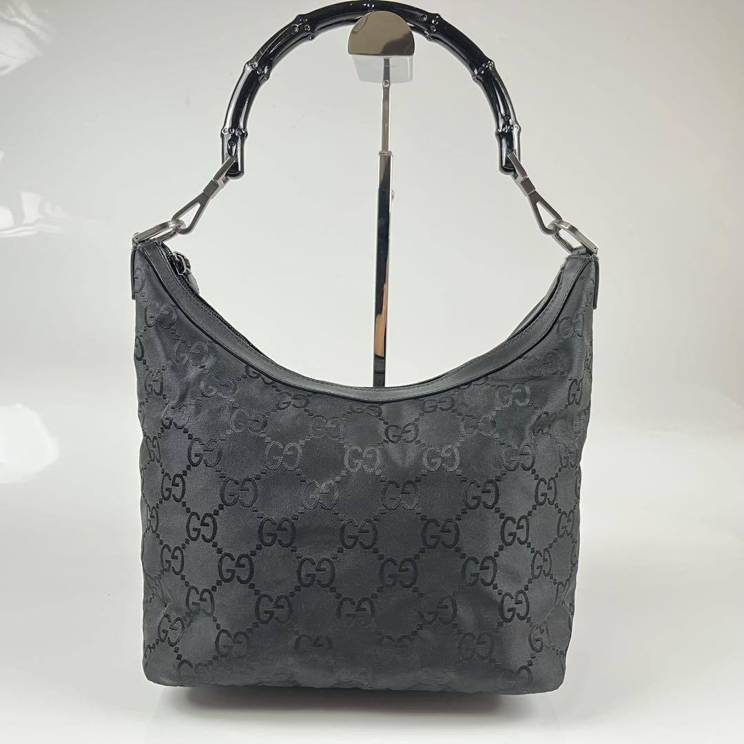 GUCCI Hand Shoulder Bag Tote Purse GG Bamboo Nylon Black Authentic