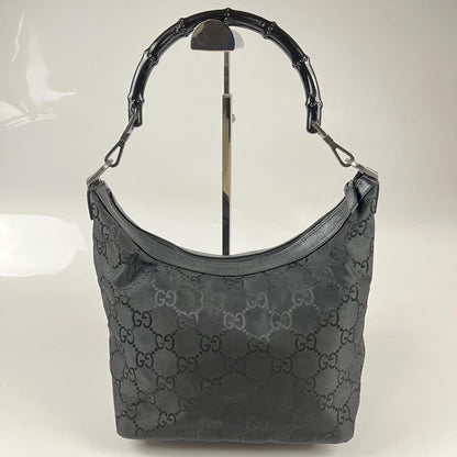 GUCCI Hand Shoulder Bag Tote Purse GG Bamboo Nylon Black Authentic
