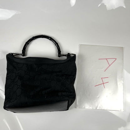GUCCI Hand Shoulder Bag Tote Purse GG Bamboo Nylon Black Authentic