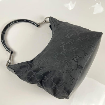 GUCCI Hand Shoulder Bag Tote Purse GG Bamboo Nylon Black Authentic