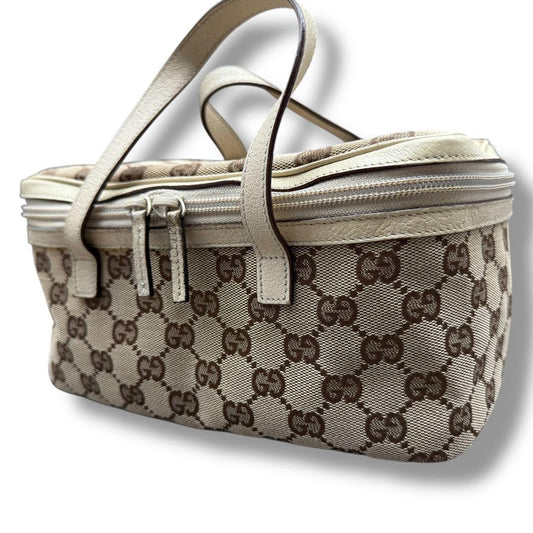 GUCCI Vanity Bag Accessory Pouch GG Canvas Leather Brown White Authentic