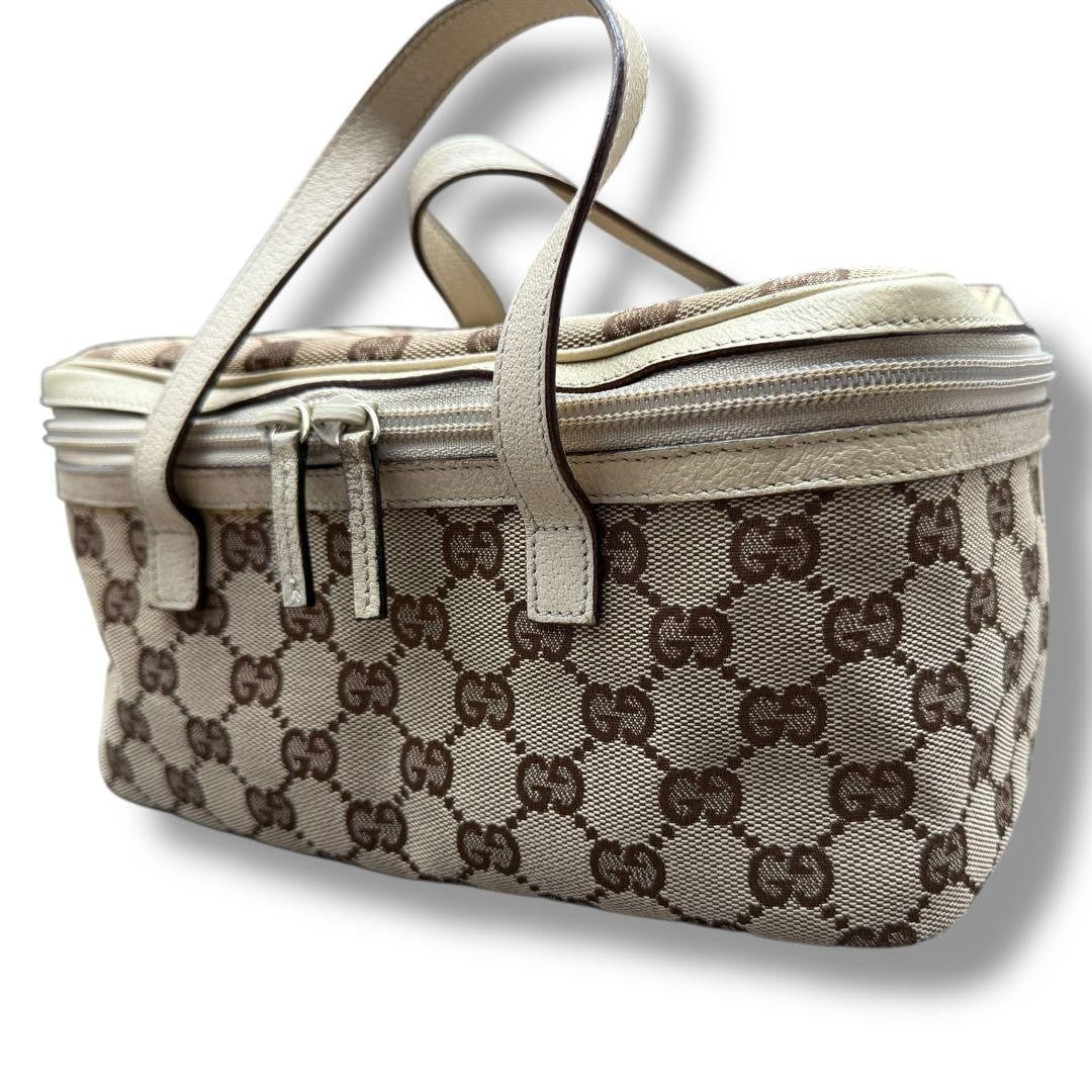 GUCCI Vanity Bag Accessory Pouch GG Canvas Leather Brown White Authentic