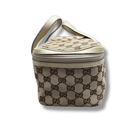 GUCCI Vanity Bag Accessory Pouch GG Canvas Leather Brown White Authentic