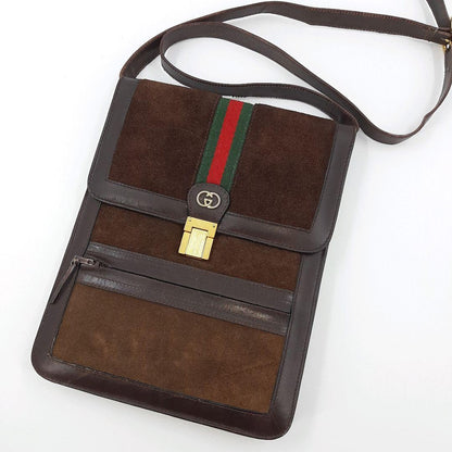 GUCCI Shoulder Bag Purse Sherry Line Interlocking Logo Suede Leather Brown Auth
