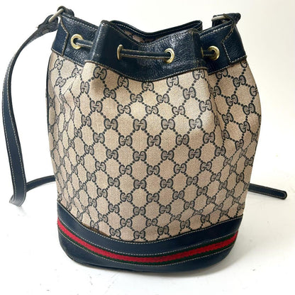 GUCCI Shoulder Bag Purse GG Supreme PVC Beige Navy Authentic