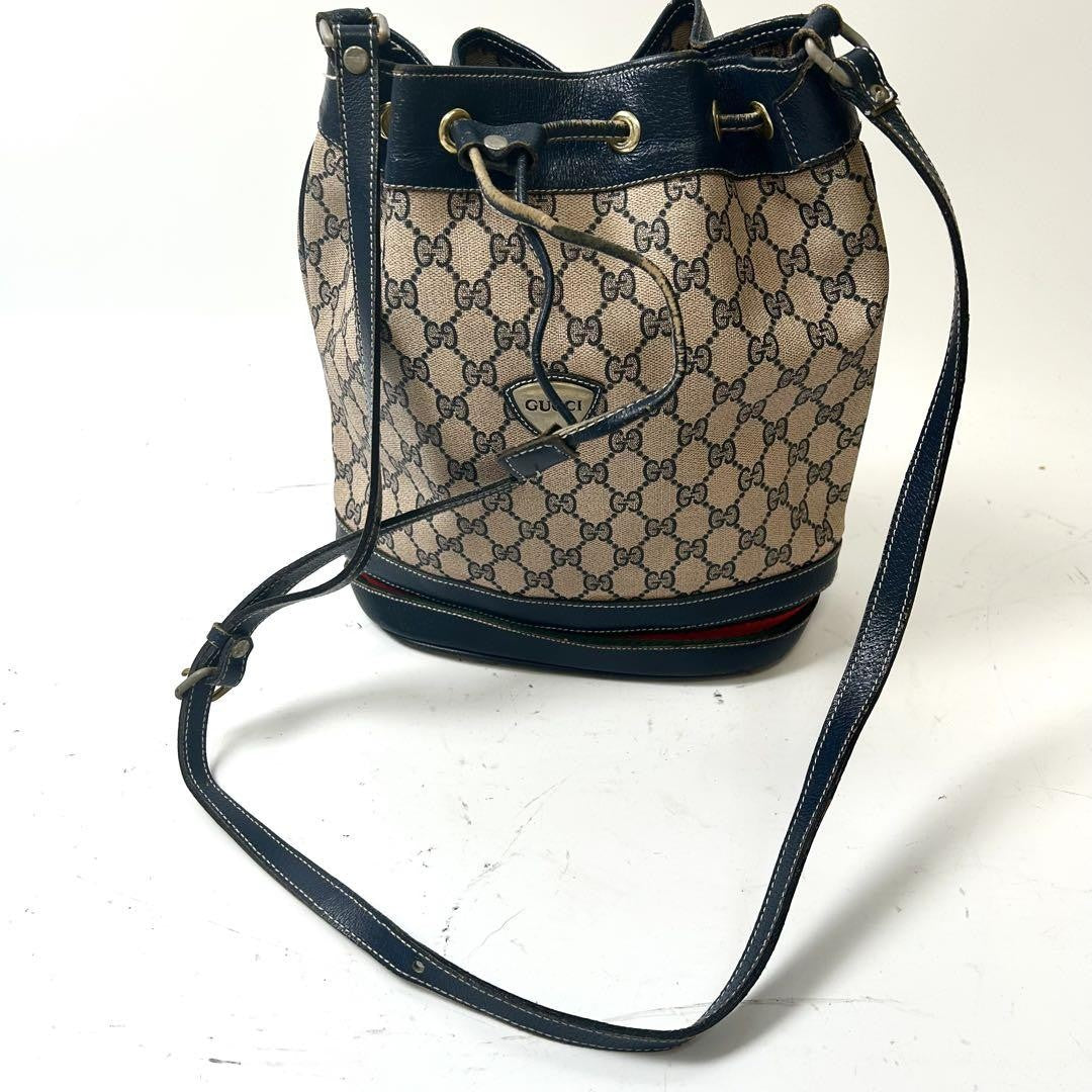 GUCCI Shoulder Bag Purse GG Supreme PVC Beige Navy Authentic