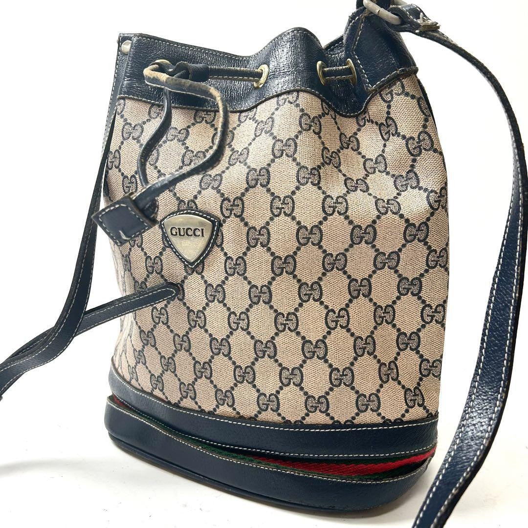 GUCCI Shoulder Bag Purse GG Supreme PVC Beige Navy Authentic