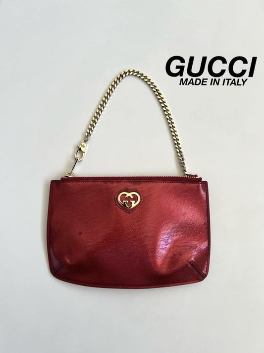 GUCCI Hand Pouch Chain Interlocking Patent Leather Red Gold Authentic