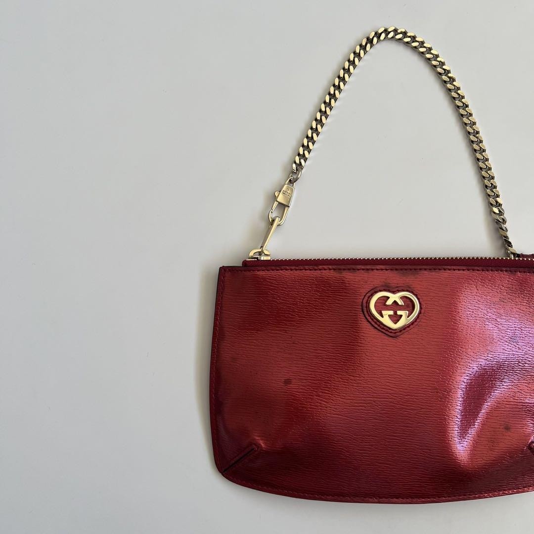 GUCCI Hand Pouch Chain Interlocking Patent Leather Red Gold Authentic