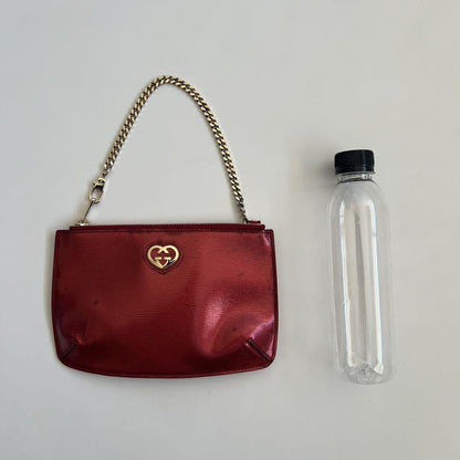 GUCCI Hand Pouch Chain Interlocking Patent Leather Red Gold Authentic