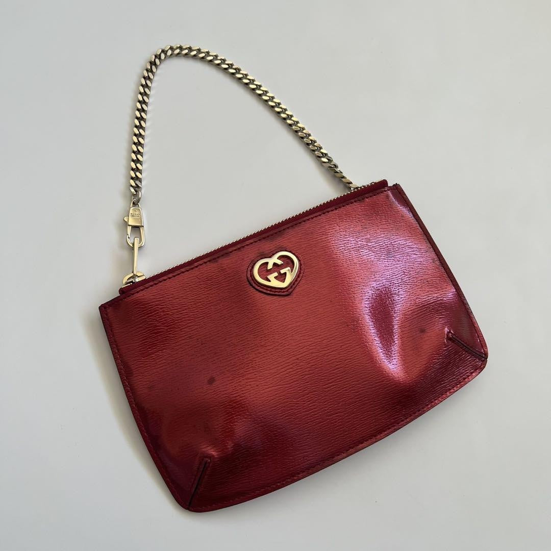 GUCCI Hand Pouch Chain Interlocking Patent Leather Red Gold Authentic