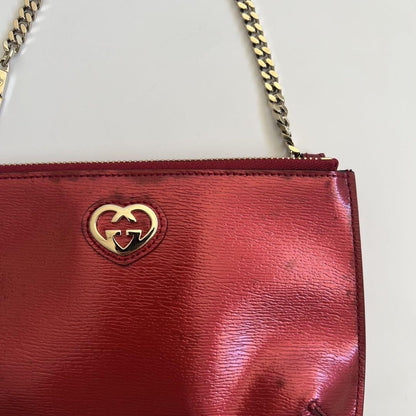 GUCCI Hand Pouch Chain Interlocking Patent Leather Red Gold Authentic