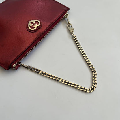 GUCCI Hand Pouch Chain Interlocking Patent Leather Red Gold Authentic