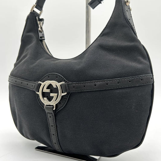 GUCCI Shoulder Bag Purse Interlocking Canvas Leather Black Authentic
