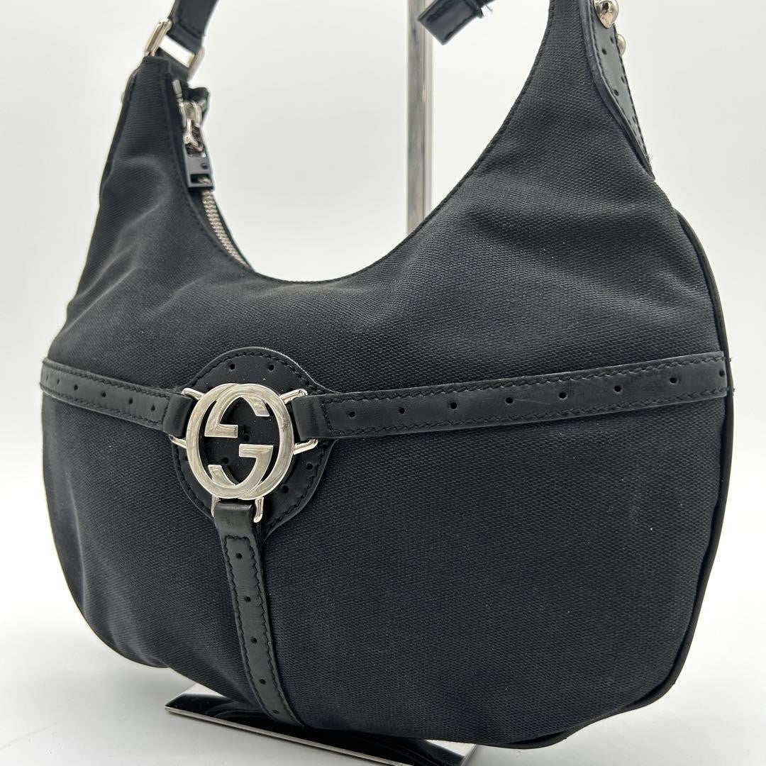 GUCCI Shoulder Bag Purse Interlocking Canvas Leather Black Authentic