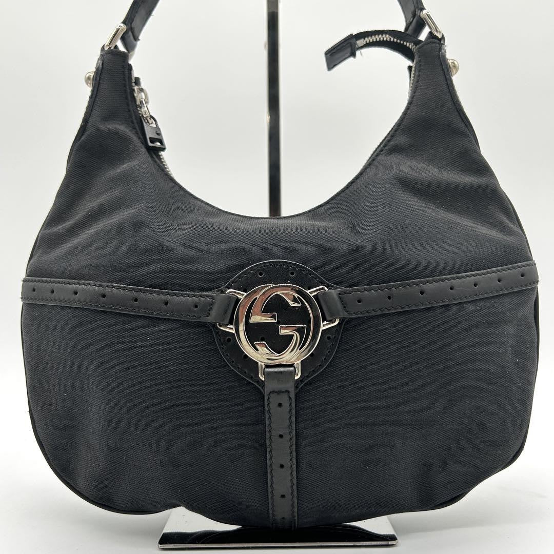 GUCCI Shoulder Bag Purse Interlocking Canvas Leather Black Authentic