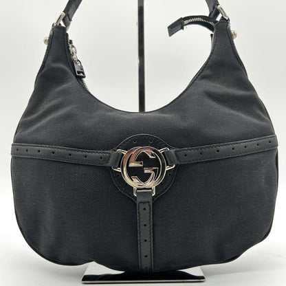 GUCCI Shoulder Bag Purse Interlocking Canvas Leather Black Authentic