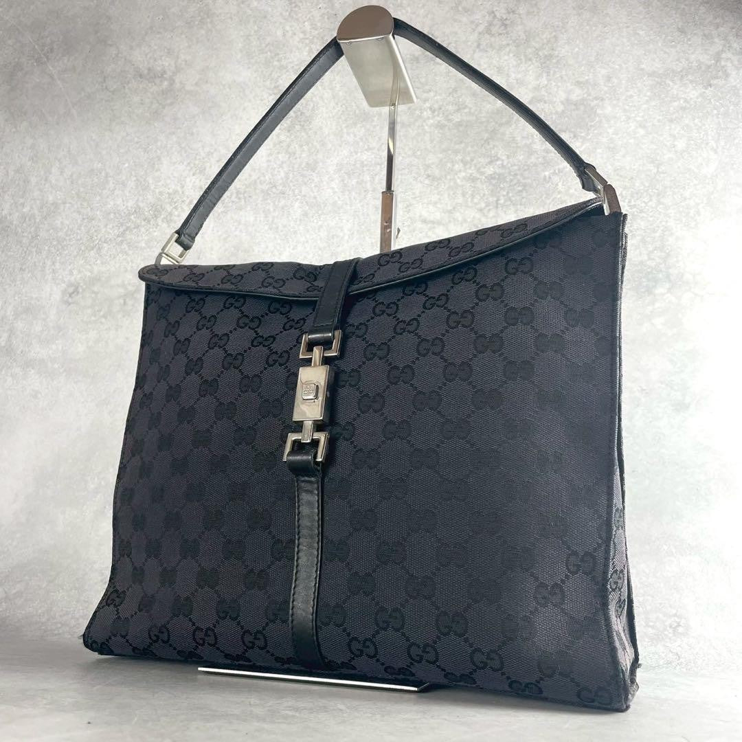 GUCCI Shoulder Bag Purse GG Canvas Leather Black Authentic